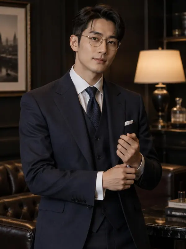 眼鏡にスリーピーススーツを着た知的な男性スタイルのイメージ